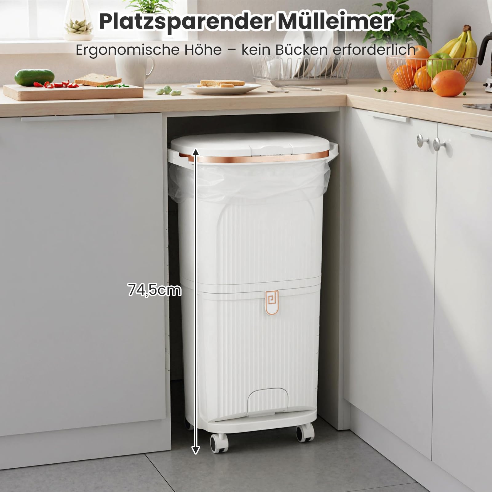COSTWAY Mülleimer Küche, Mülltrennsystem 3 Fächer, 2 x 12L Inneneimer & 14L Treteimer, Abfalleimer mit Rollen, Deckel, Pedal & Haken, Tretmülleimer Abfallsammler für Küche (Weiß)