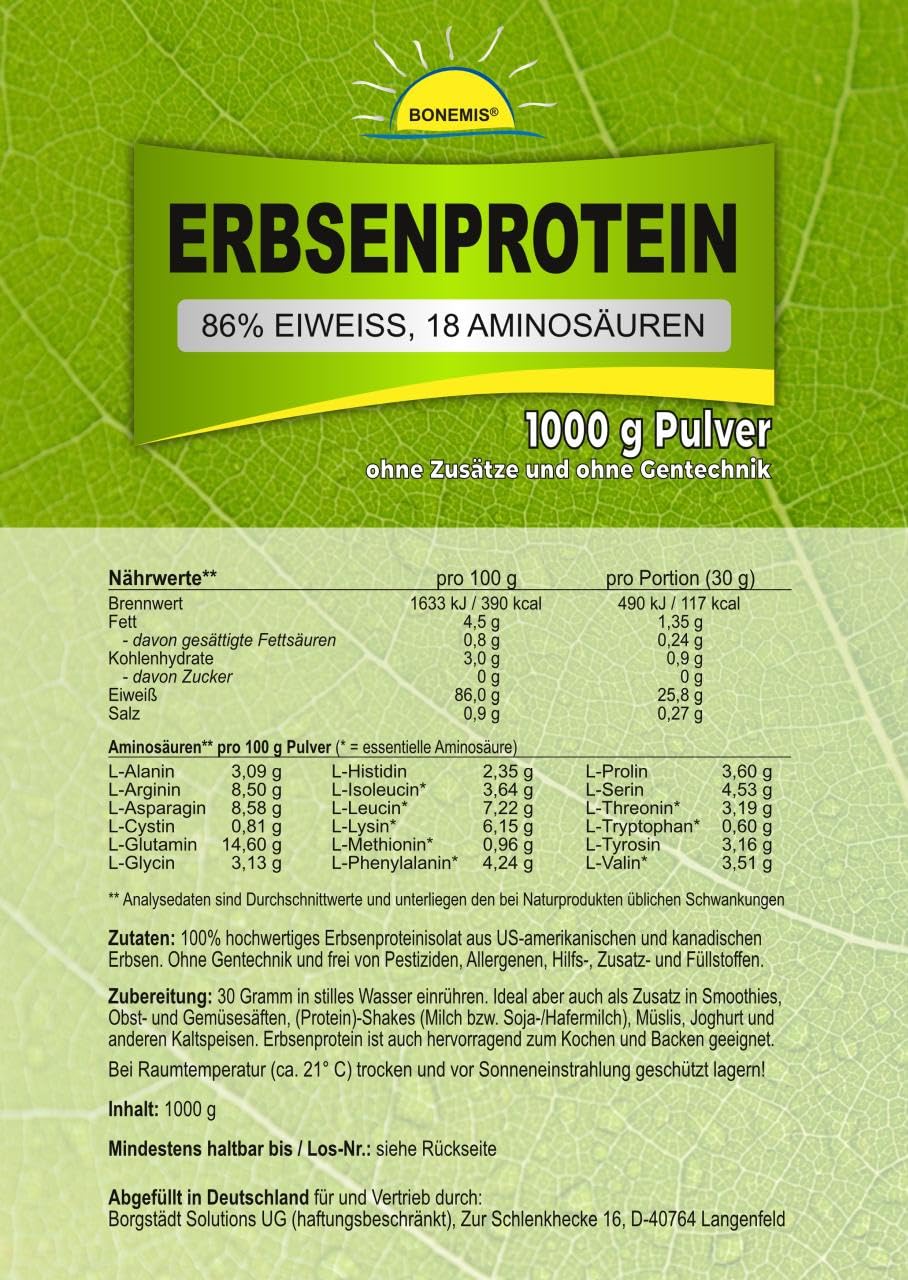 Erbsenprotein (86% Eiweiß, 18 Aminosäuren, vegane Premiumqualität), 2 kg (2x 1 kg) im Beutel, ohne Zusatzstoffe, Bonemis®