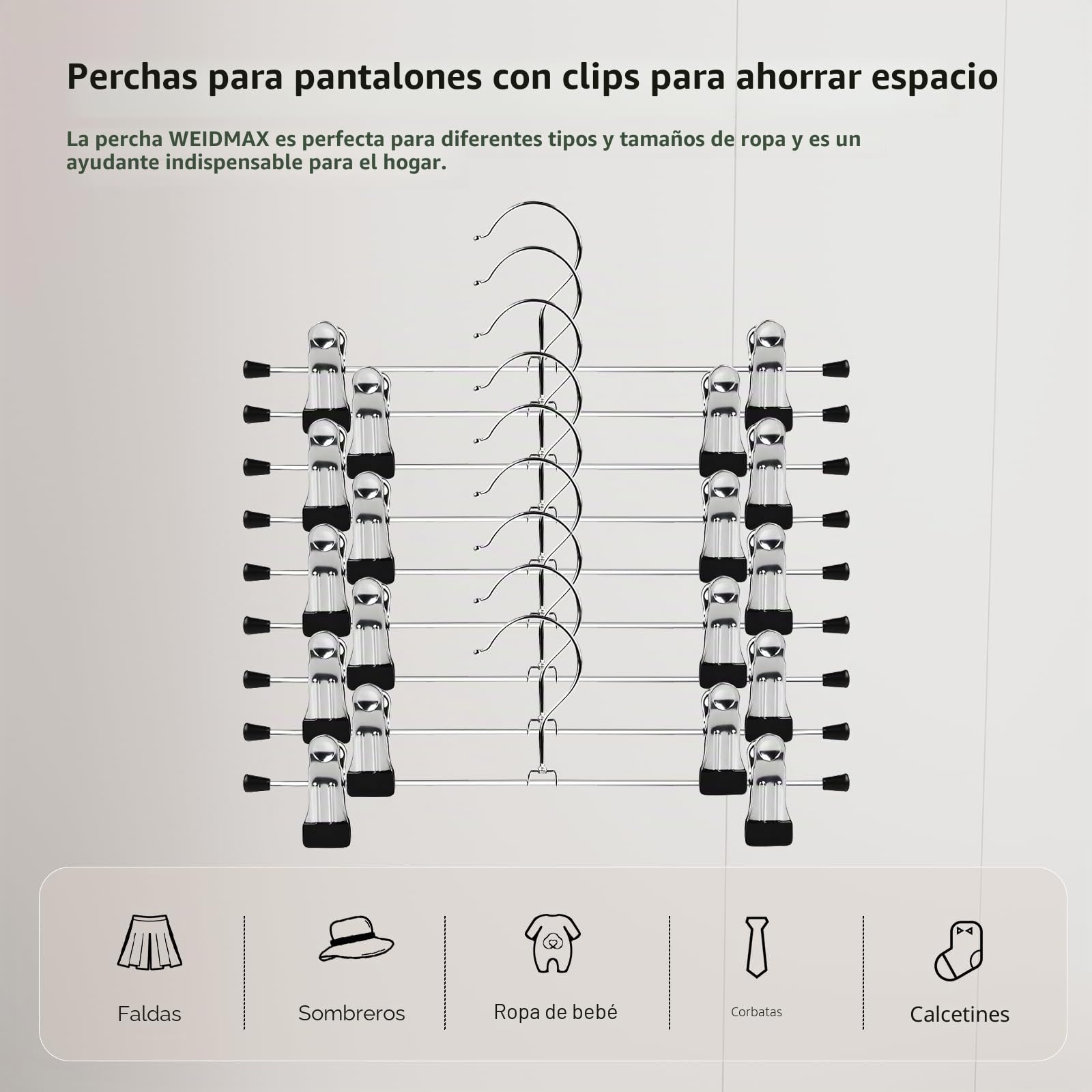 WEIDMAX Perchas para Pantalones y Faldas Cromadas Fuertes Con Clips Antideslizantes 28cm (11"), Metálicas para Calcetines, Paquete de 40