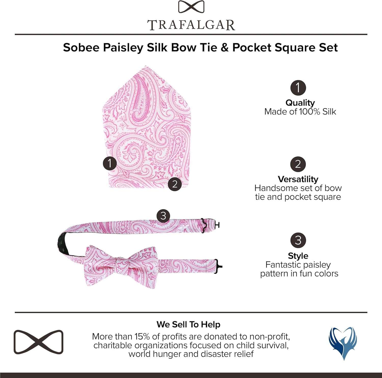 Trafalgar Men's Sobee Paisley Silk Bow Tie & Pocket Square Set, Pink