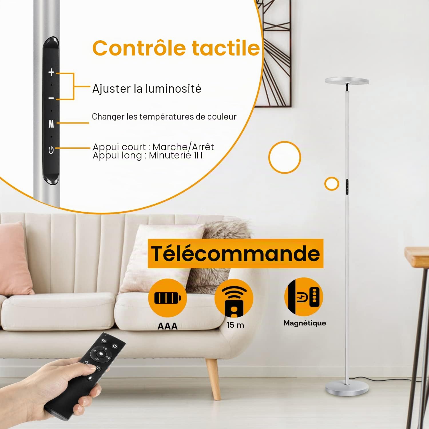 OUTON Lampadaire LED Dimmable 30W/3000LM, Super Lumineux Lampe sur Pied avec Télécommande et Contrôle Tactile, Minuterie 1-Heure, 3000-6000K, Haut Lampadaire sur Pied Salon, Chambre et Bureau
