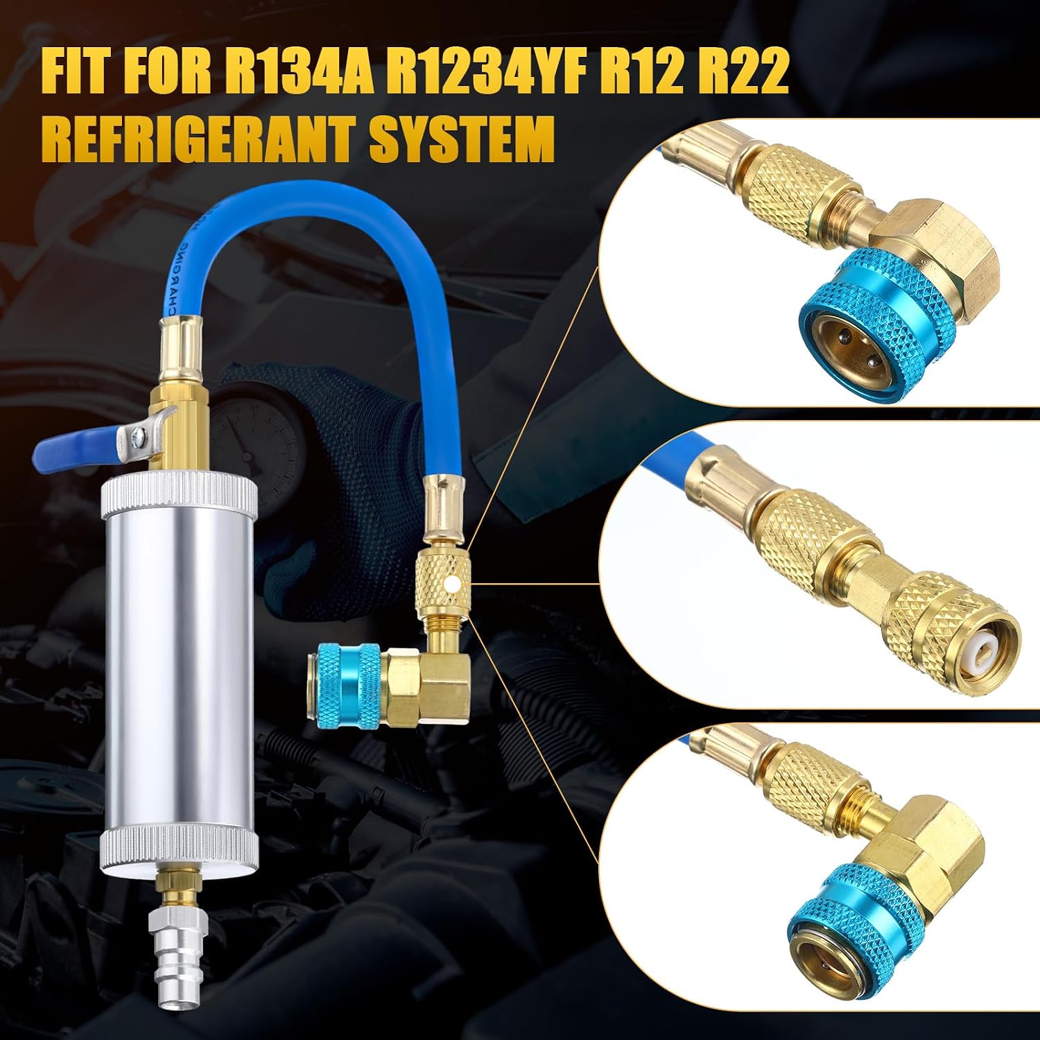 Tellegloww Oil and Dye Injector Kit with 1/4" Connector Compatible with SAE R134A AC Oil Injector R1234YF Low Side Quick Coupler Compatible R134A R22 R12 R1234YF(Classic)