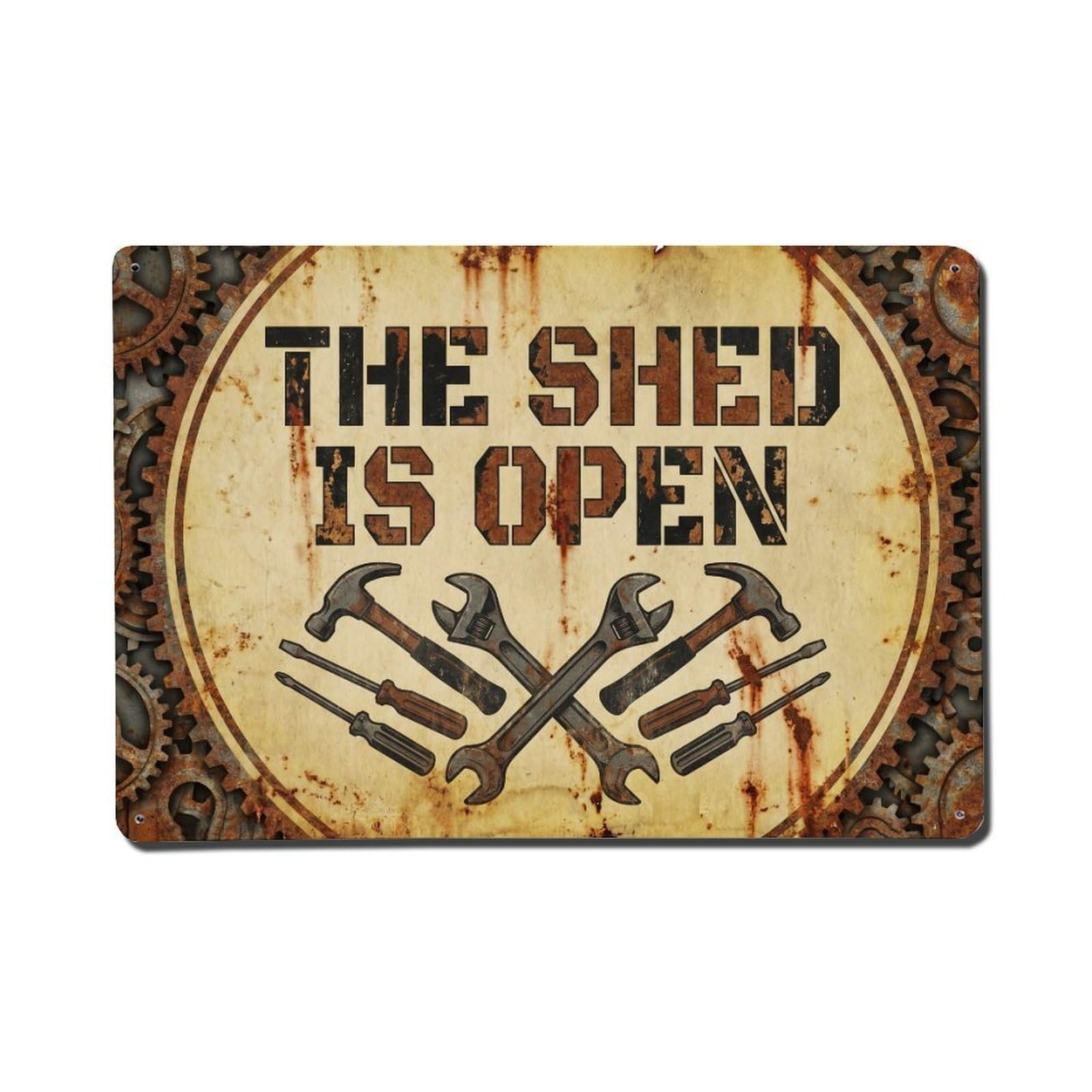 Open Shed Garage Tools Workshop Welcome Repair Service Metal Tin Sign Plaque Wall Decor for Cafe, Man Cave, Club Bar, Office, Home Garden Round Metal Poster 8x12Inch