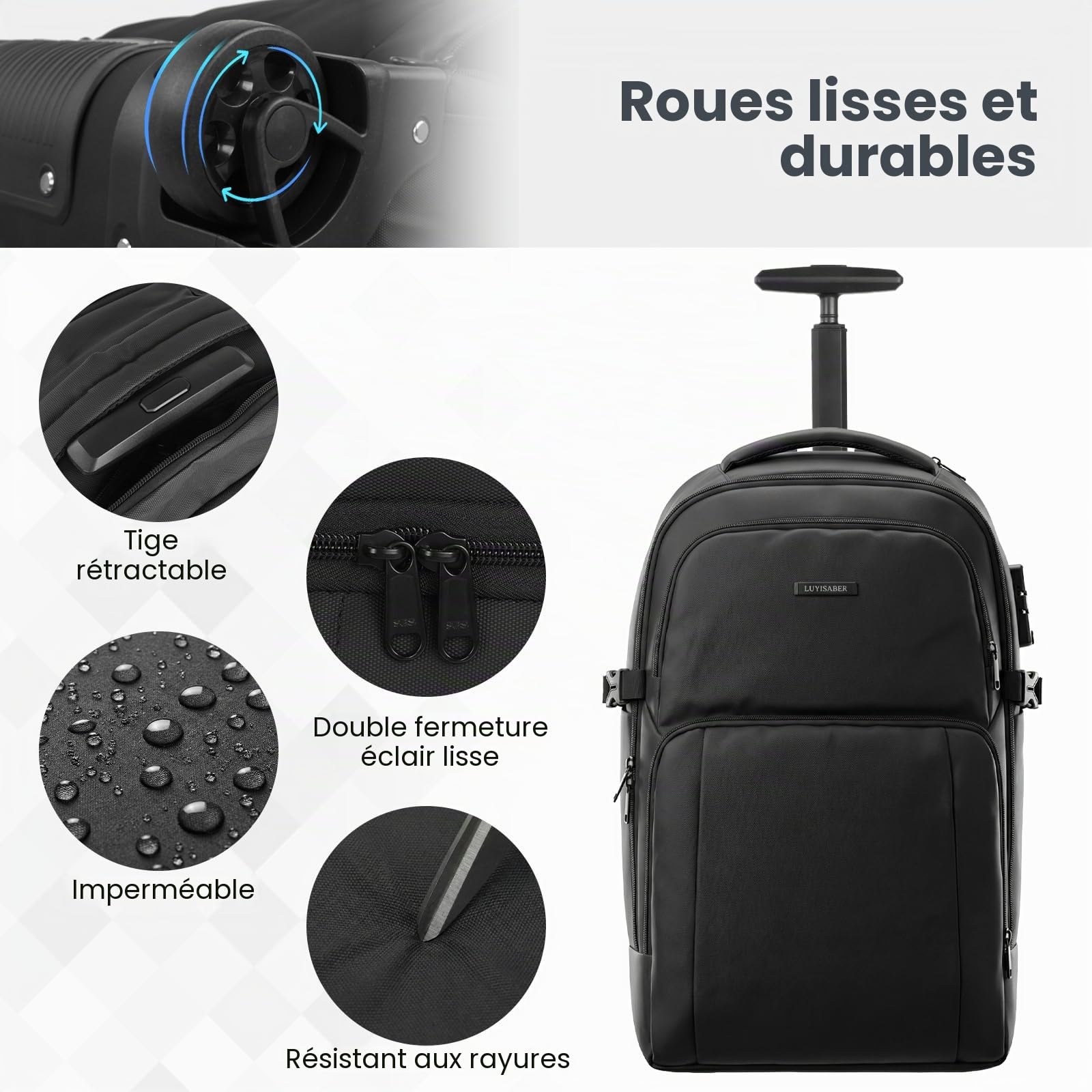 Hivexagon Sac à Dos de Voyage Cabine 37 L à roulettes, Grande capacité, avec Serrure à Code, Roues silencieuses et résistantes, Bretelles dissimulées, idéal pour Les Voyages d'affaires ou de Loisirs