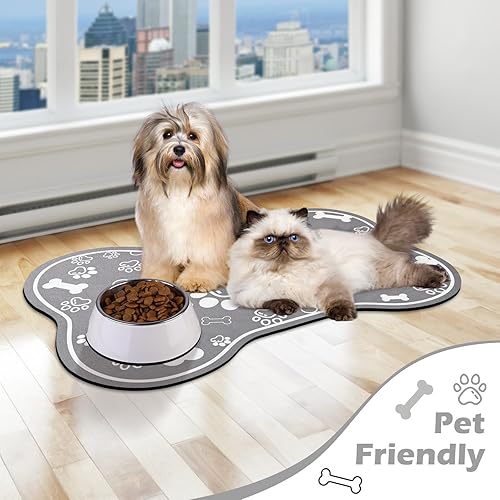 Miniatura 7 de Tapete de comida para perros y gatos, tapete de alimentación de mascotas de rápida absorción, mantel individual en forma de hueso con respaldo de
