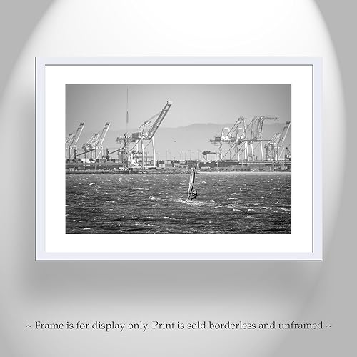 Miniatura 4 de Windsurf Art Print with San Francisco Bay Port of Oakland Harbor Cranes in Black and White