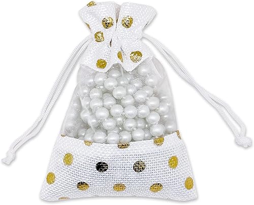 Miniatura 2 de Paquete de 12 bolsas de regalo pequeñas de lino, arpillera y organza con cordones (3.5 x 5.5 pulgadas, lunares blancosdorados) - Recuerdos de
