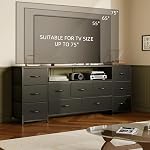 Vermess 63" W Dresser pour chambre avec station de recharge 11 Dressers à tiroirs & Poitrines de tiroirs TV Stand pour chambre à coucher pour 65 70 75 1 cm TV, Cadre métallique & Tiroirs en tissu, noir