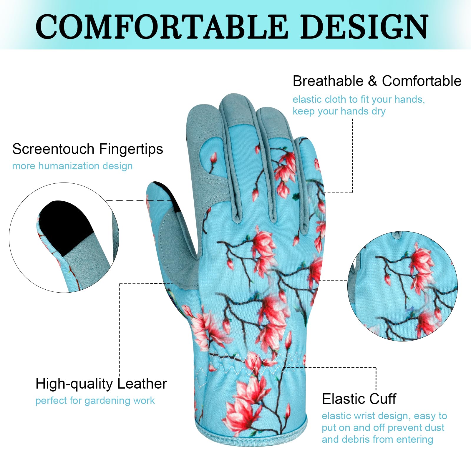 Gants de jardinage en cuir pour femme - Anti-épines - Design tactile - Gants de travail robustes pour planter, creuser, tailler - Couleur V