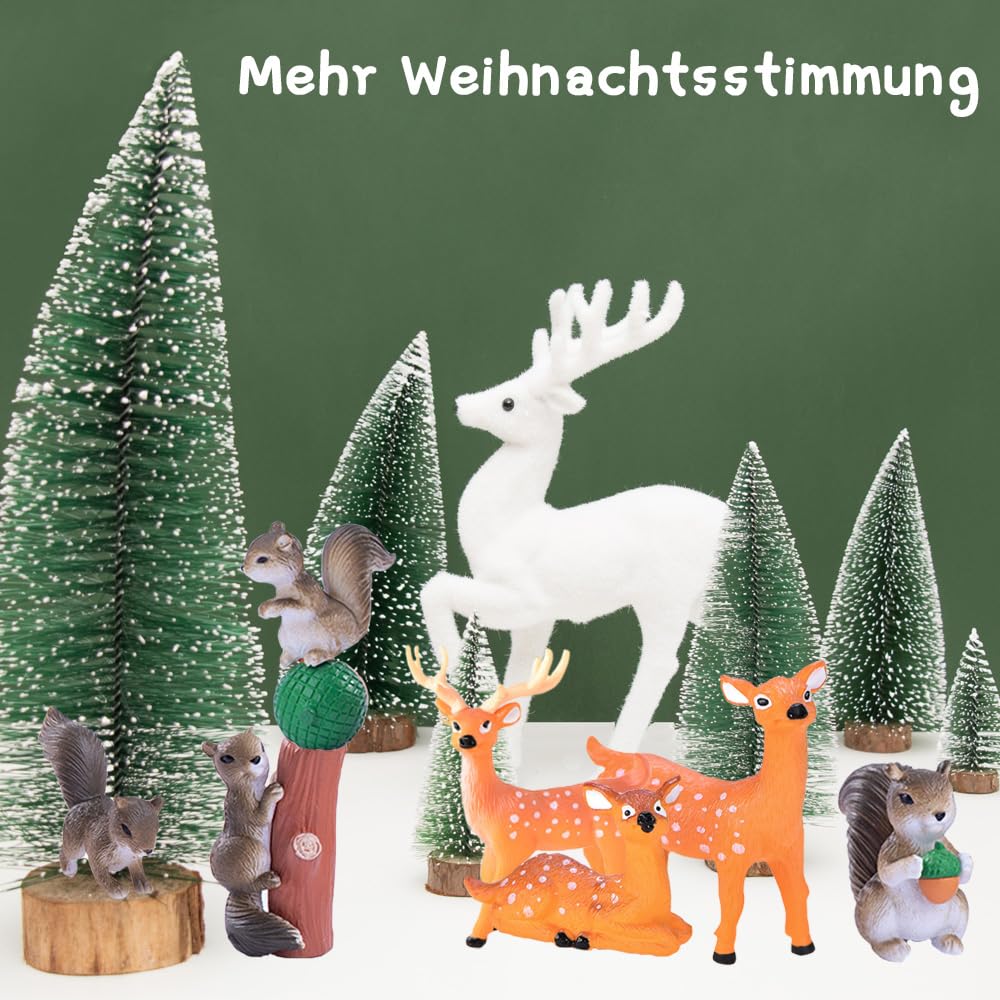 Set Miniatura Alberi Di Natale + Animali – 10 Alberelli Sisal Con Neve + 7 Figure Cervi E Scoiattoli, Decorazione Fata - 3