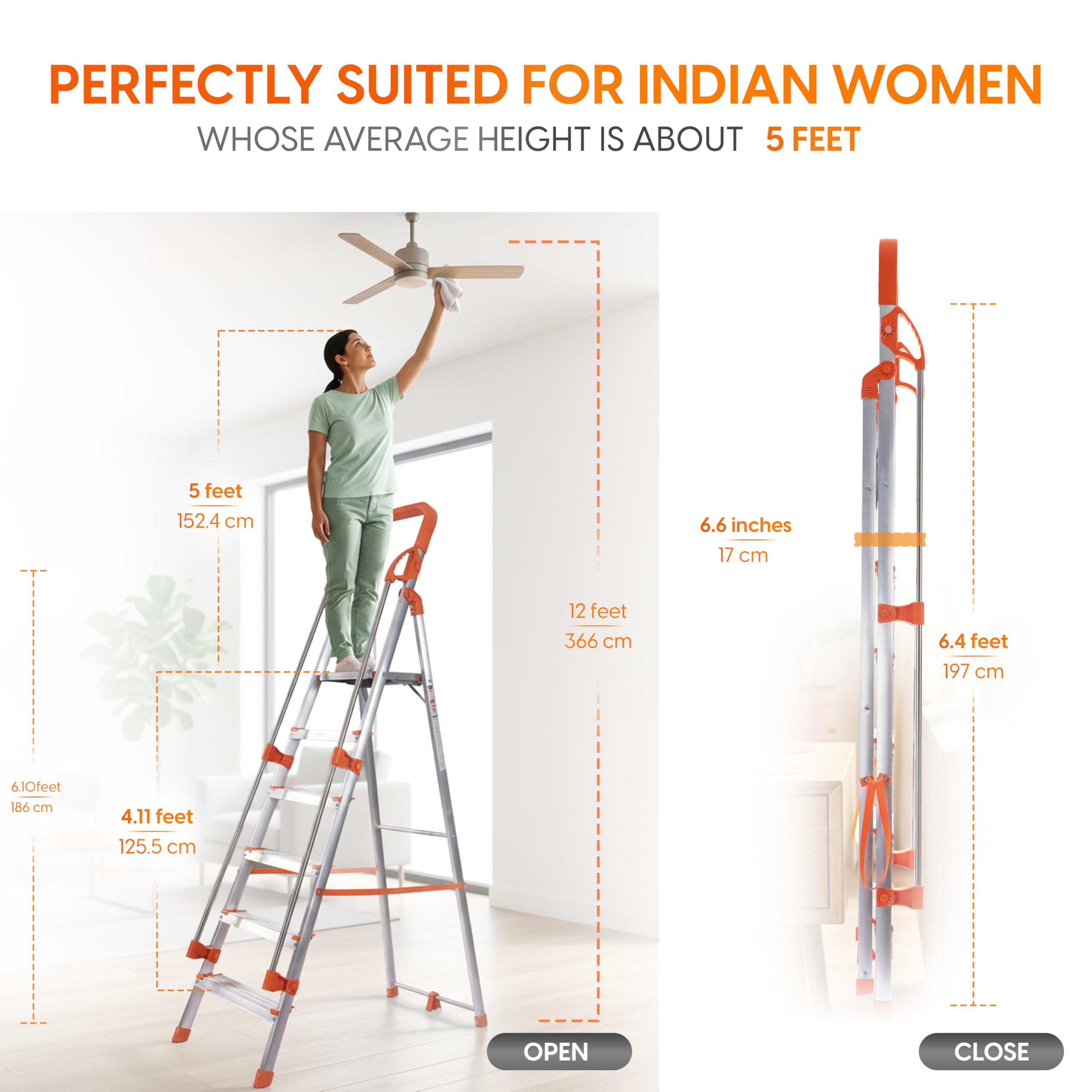 HOUZA Aluminium Ladder for Home 6 Steps Foldable with Railing & Anti-Skid Wide Steps | 6 Step Ladder for Home Use, Kitchen & Household | 250 Kg Load Capacity Folding Ladder | 5 Year Warranty (Orange) — Amazon image 6