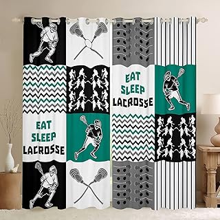 Erosebridal Lacrosse Curtains 42x63,Grey Blue Eat Sleep Lacrosse Blackout Curtains for Kids Boys Girls,Lacrosse Player Curtains & Drapes,Sports Game Buffalo Plaid Window Curtains Home Room Decor