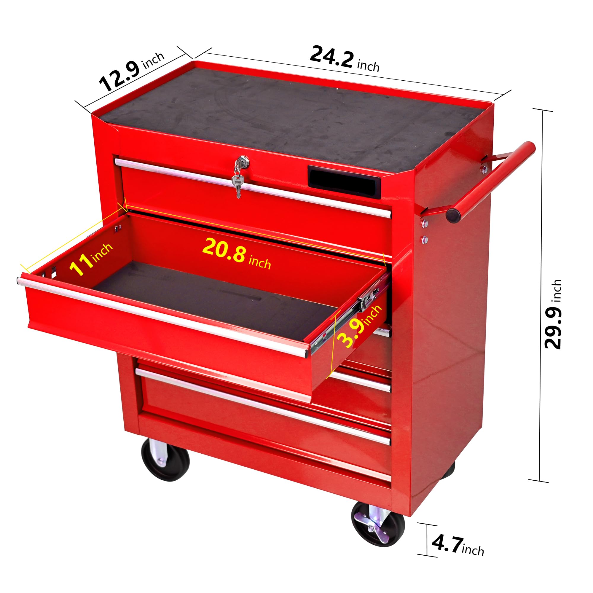 Werkzeugwagen Mit 5 Schubladen – Rollcontainer, Metall, Rot, Mit Edelstahldach & Lenkrollen