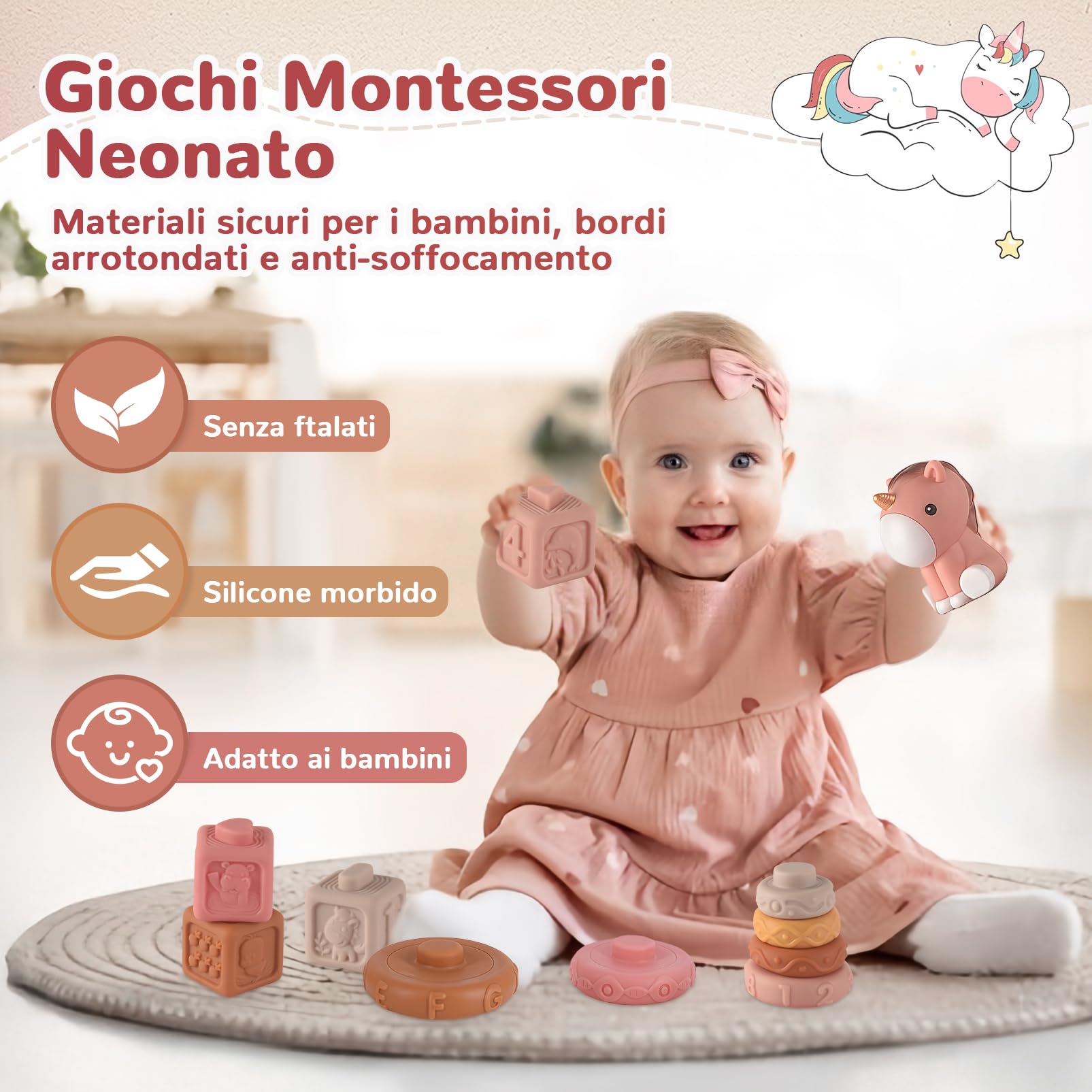 Giochi Neonato 6-9 Mesi, Giochi Montessori 6 Mesi 1 Anno 5 in 1 Educativo, Giocattoli Bambino 6-12 Mesi, Giochi Snsoriali per Neonati, Giocattoli Impilabili, Regalo Bambino 6 9 12 Mesi
