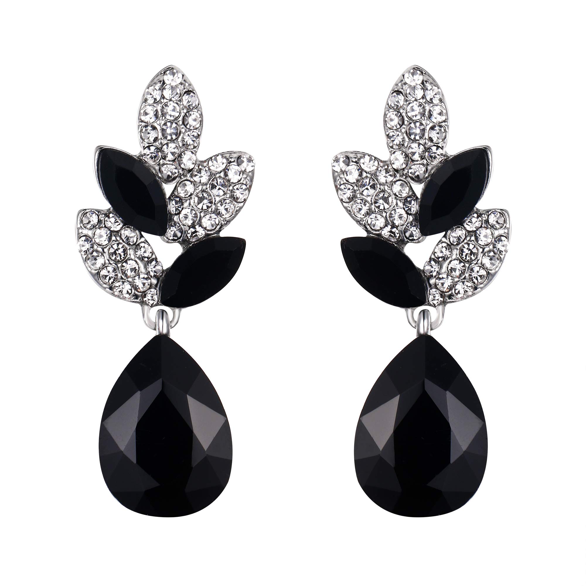 EVER FAITH Rhinestone Crystal Wedding Leaf Teardrop Pierced Dangle Earrings Silver-Tone