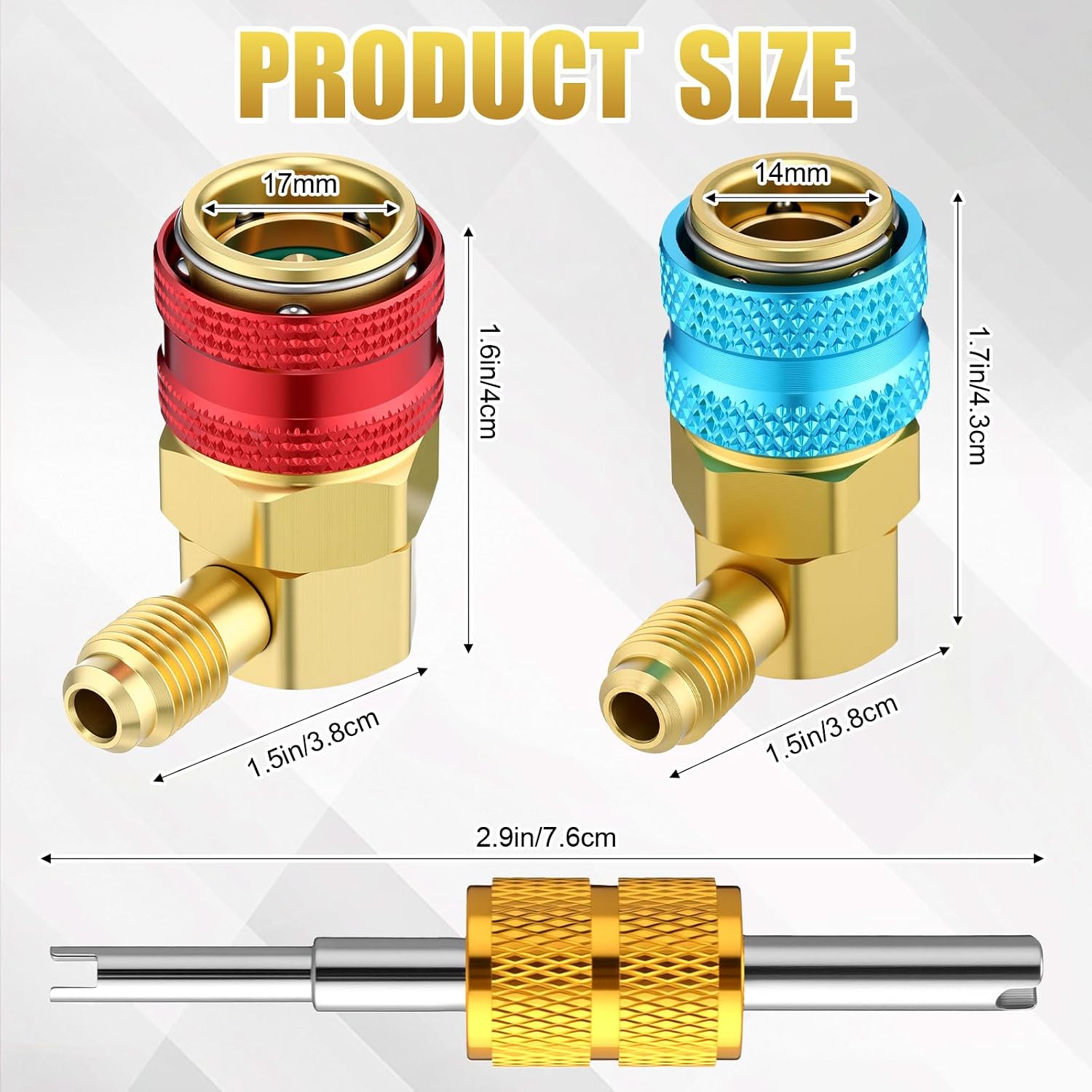 Ac R134a Adapter Kit, R134a Connector Quick Couplers with Valve Core Remover Tool 1/4" SAE Male Flare 90° High & Low Side Connector Conversion Brass Fittings for Car Ac System