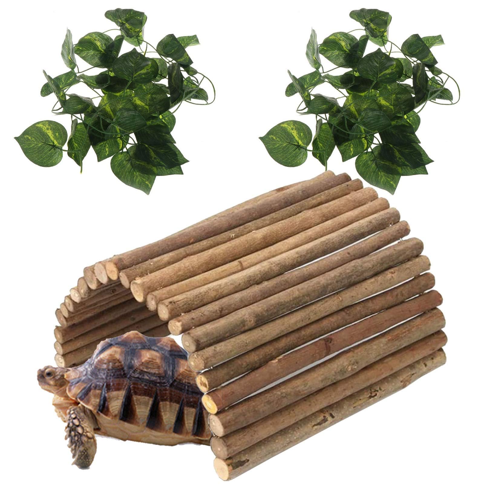 PINVNBY Extra Large Wooden Reptile Hideout Bearded Dragon Bendy Bridge Climbing Ladder Hiding Hut Reptiles Hide Cave Habitat Decor for Lizards Gecko Spiders Snakes Tortoise(L:20" x 11.8")