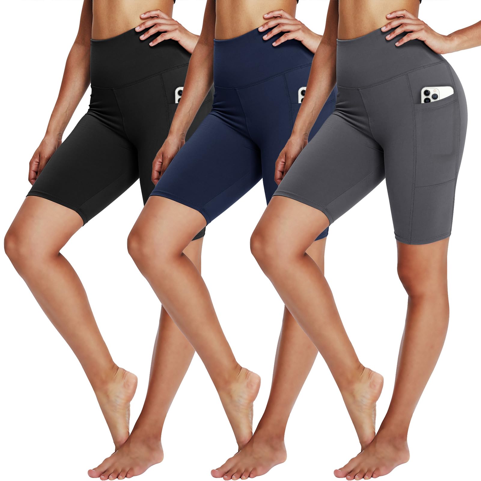 3 Pack Biker Shorts for Women – 8" Black High Waisted Tummy Control for Gym Workout Athletic Cheerleading Yoga, Black/Grey/Navy Blue, Large-X-Large-image-37