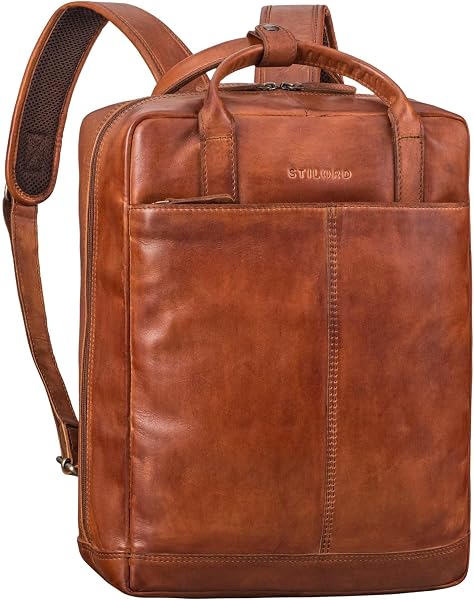 STILORD "Bobbie" Leather Backpack for Men and Women 2 in 1 | Backpacks for Laptops 16 Inches | Vintage Business Backpack in Real Leather with Handles and Holder for Suitcase Colour: Black, Brandy - 1