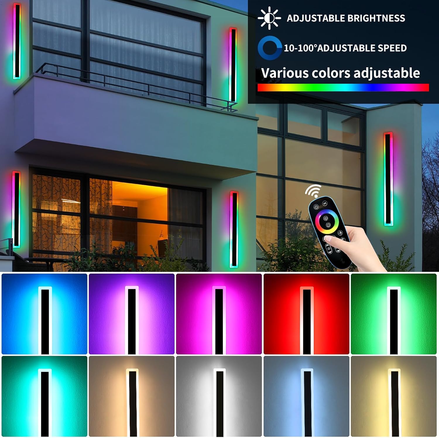 Mikeru Modern Outdoor Light Fixture, 57inch Modern RGB Outdoor Wall Light 10%-100% Dimmable with Memory Function Long Outdoor Porch Lights Featuring Multiple Modes and 12 Colors for Patio Entryway