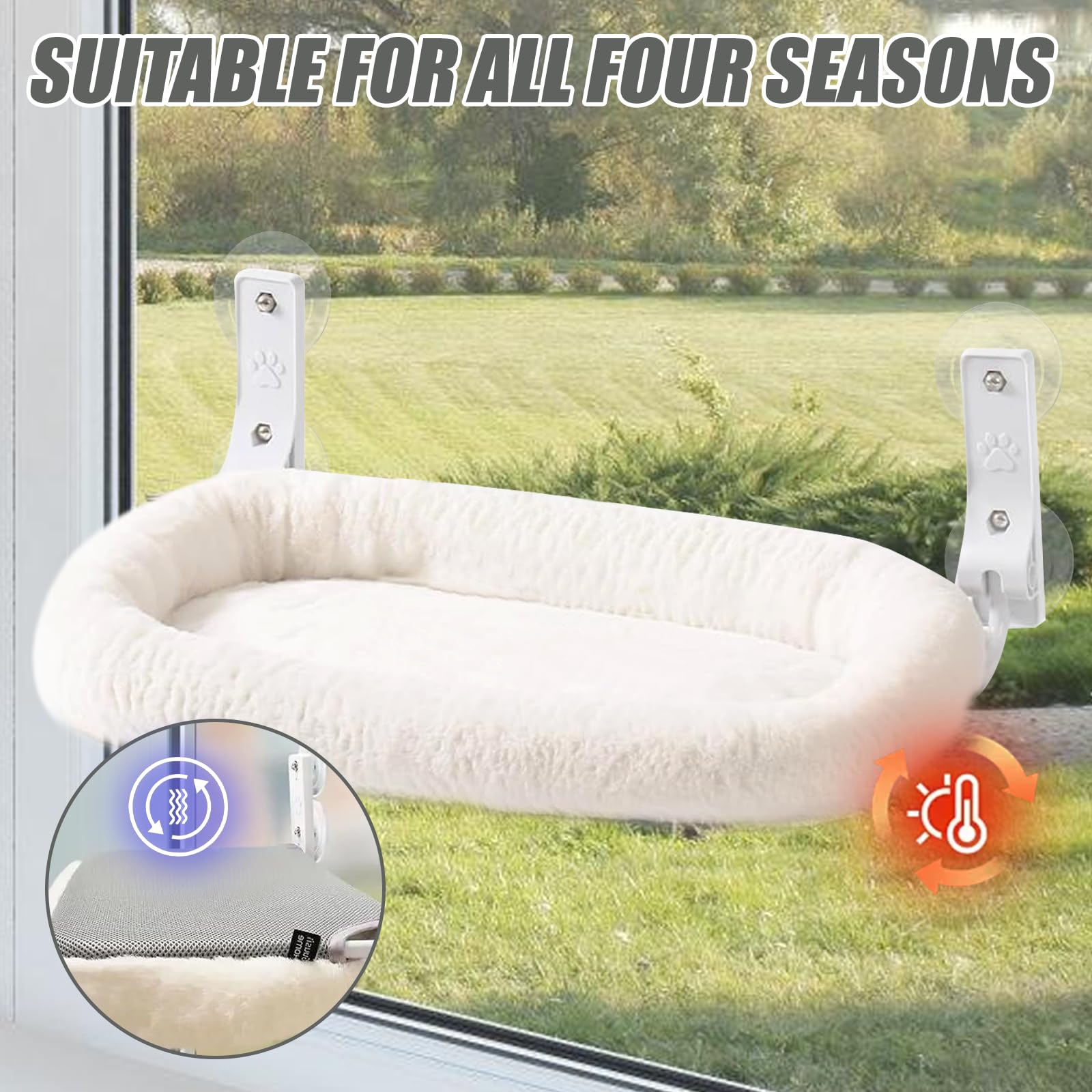 Cordless Hamac pour chat, chaise longue avec ventouses et rembourrage en tissu double face amovible, pliable, pour chat, fenêtre, perche, jusqu'à 15 kg, pour fenêtre et mur, 30 x 52 cm, blanc