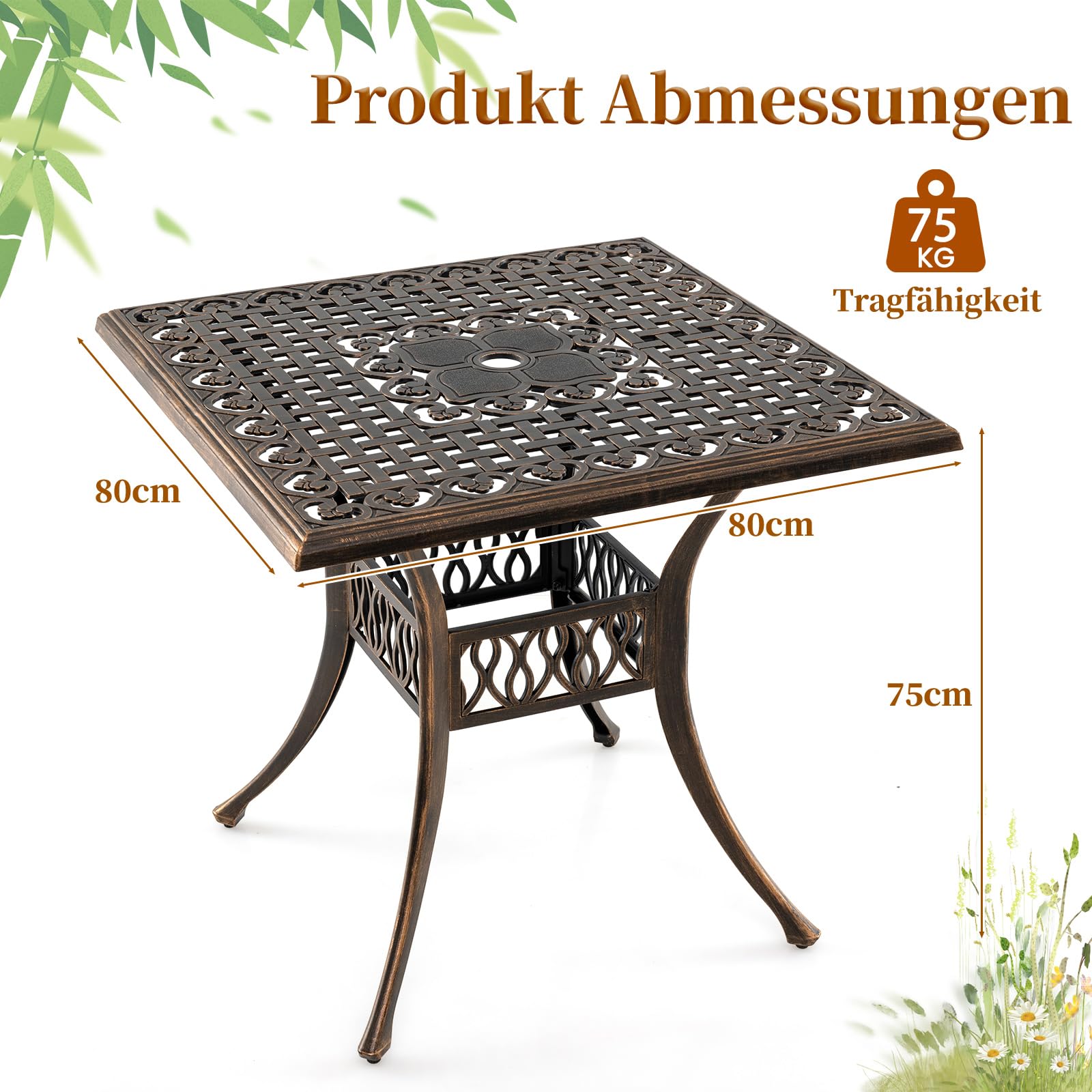 COSTWAY Tuintafel met tafelblad van gehard glas, 70 x 70 x 71 cm, terrastafel met parasolgat en metalen frame, ronde balkontafel, outdoor- eettafel voor binnenplaats, terras, tuin