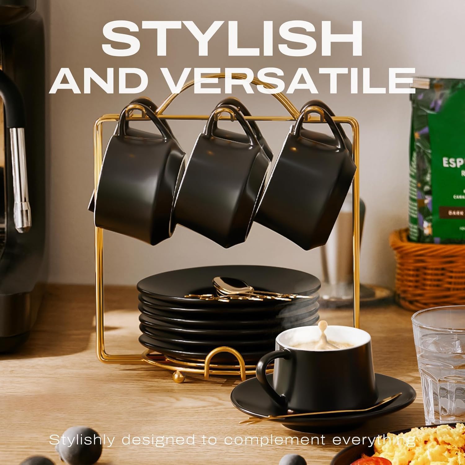 Lareina 3-Ounce Porcelain Espresso Cups Set of 6, Stackable Coffee Cups with Saucers, Spoons and Metal Stand, Ceramic Demitasse Mugs, Espresso Accessories for Machine, Black