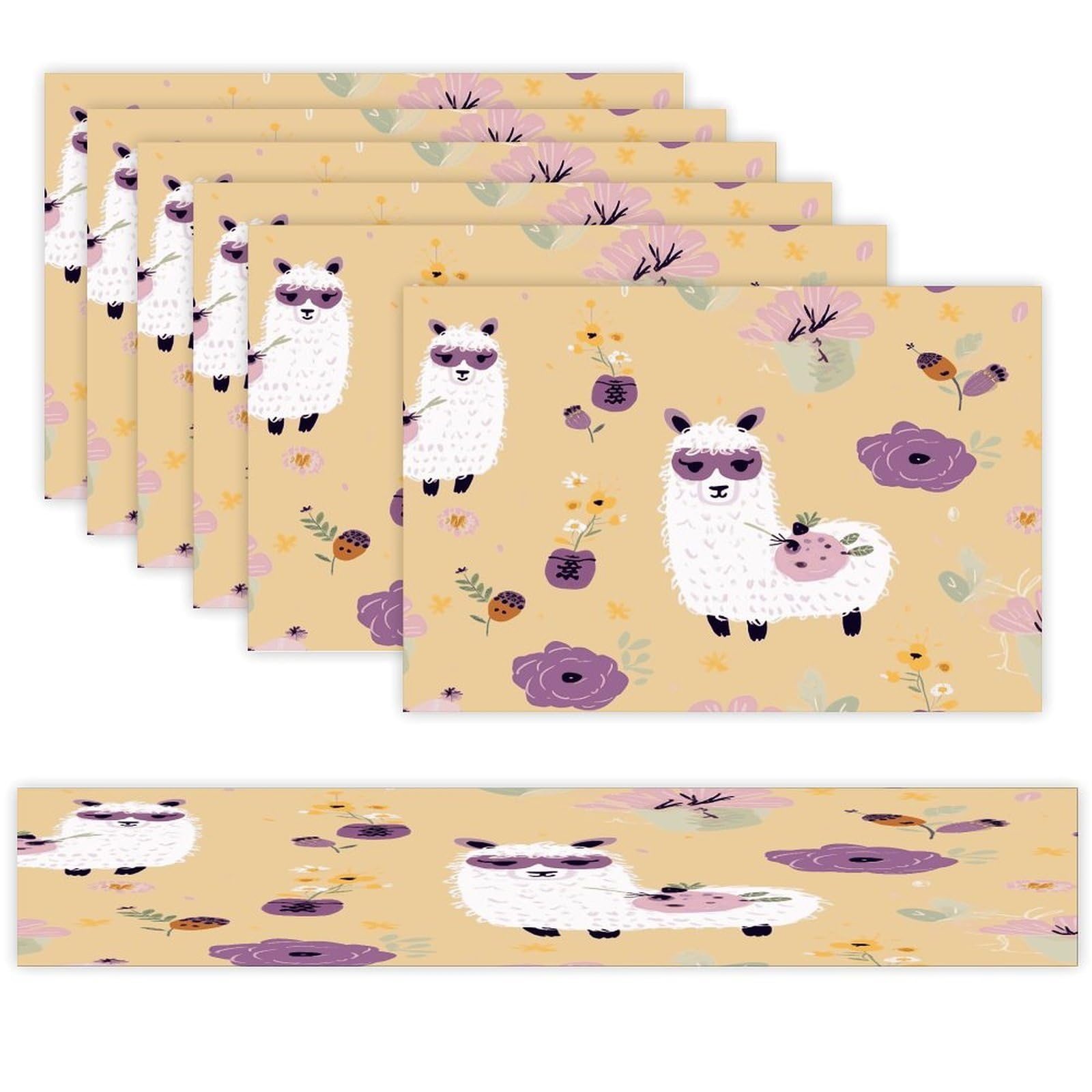Alpaca and Bee Table Runner and Placemats Set of 6 Wipe Clean Heat Resistant Table Mat with Table Runner Decorations Flax Linen Place Mat Set for Home Kitchen Party Supplies