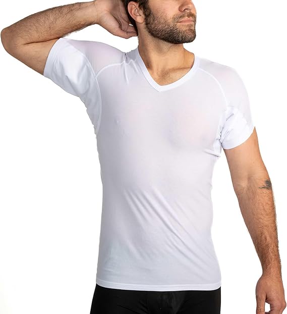Ejis Mens Ultra Breathable V-Neck Sweatproof Undershirt with Underarm Pads, Anti-Odor & Quick Dry, Invisible Under the Shirt