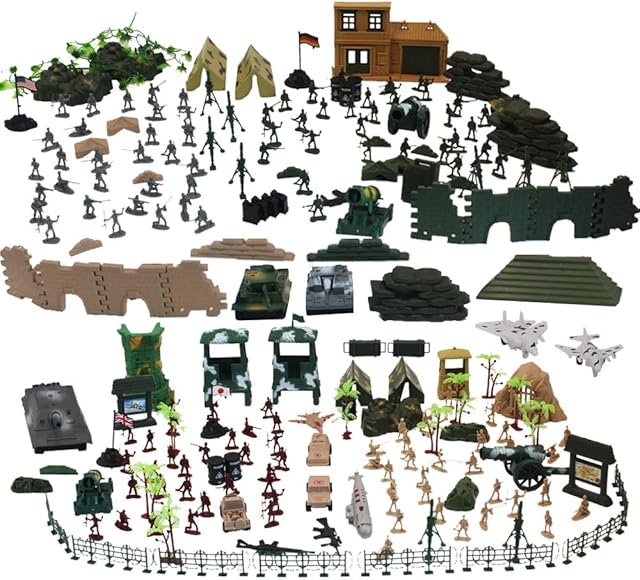 deAO 303 Piece Military Playset with Toy Soldiers; Military Figures; Tanks; Planes; Flags; Carry Case and Battlefield Accessories