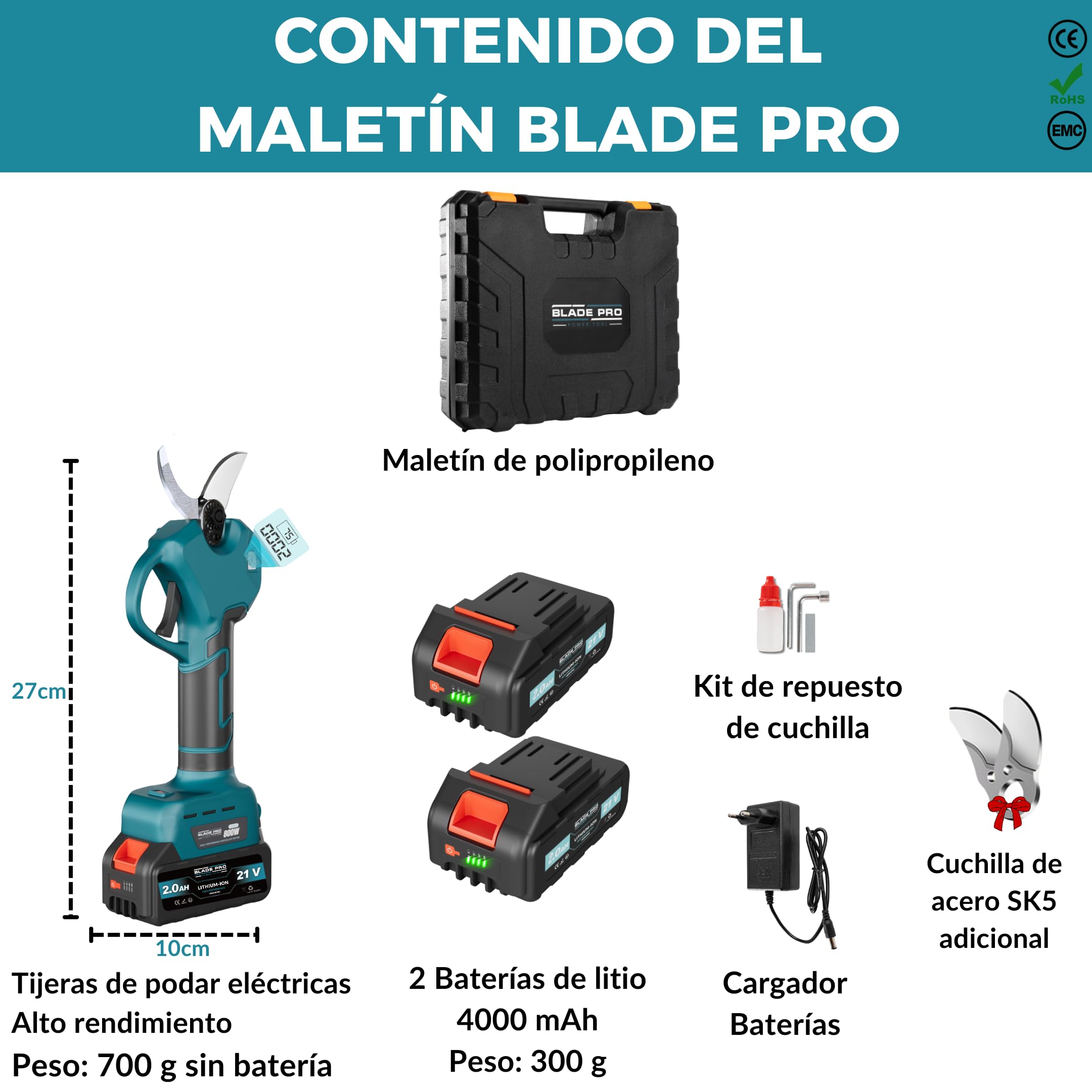 Tijeras de podar eléctricas inalámbricas 800 W – Corte 40 mm – 2 baterías de litio 6000 mAh – Tijeras de podar profesional de jardín – Kit completo (Pack pro)