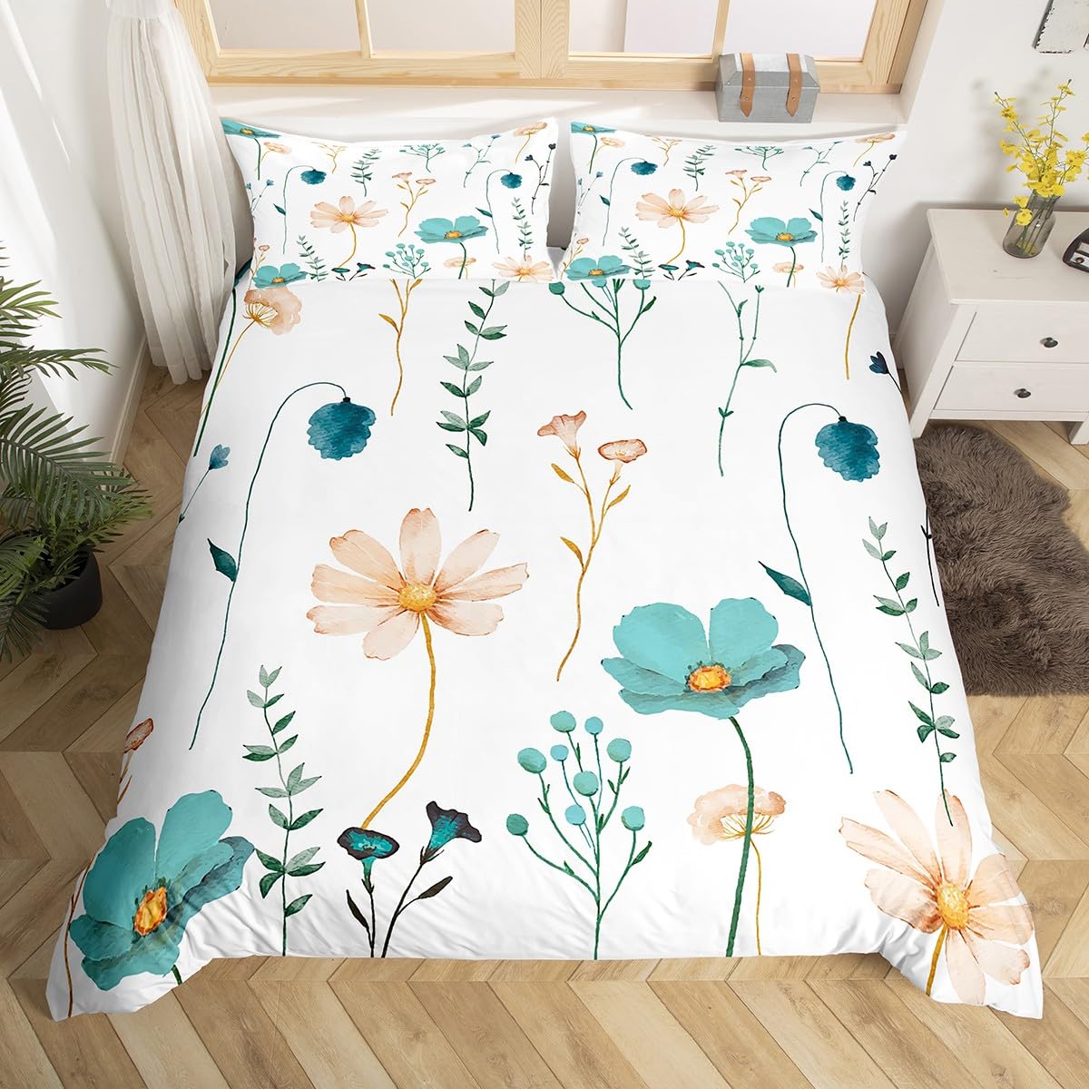 Homewish Set di biancheria da letto per bambini con copripiumino e federe, motivo volpe, con motivo floreale arcobaleno, stile rustico pastorale, set per letto singolo, piante e foglie, decorazione