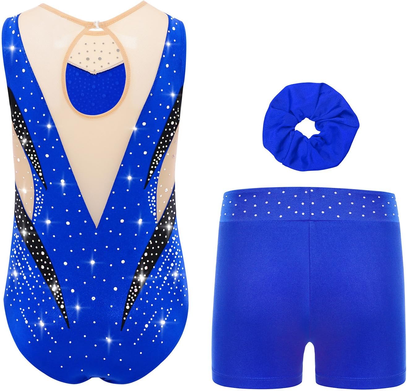 TiaoBug Girls Three-Piece Sleeveless Gymnastics Leotard Set with Shorts & Hair Tie Kids Sparkly Ballet Dance Unitard