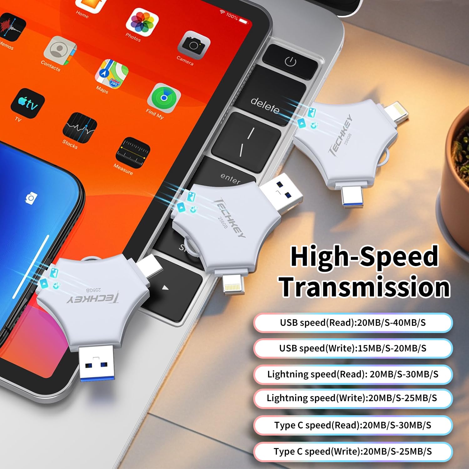 Chiavetta USB per iPhone/iPad, certificata MFi 3 in 1, 256 GB, argento | Memoria esterna per foto, tipo c/USB 3.0 ad alta velocità, compatibile con Android/PC, backup di immagini/video/dati