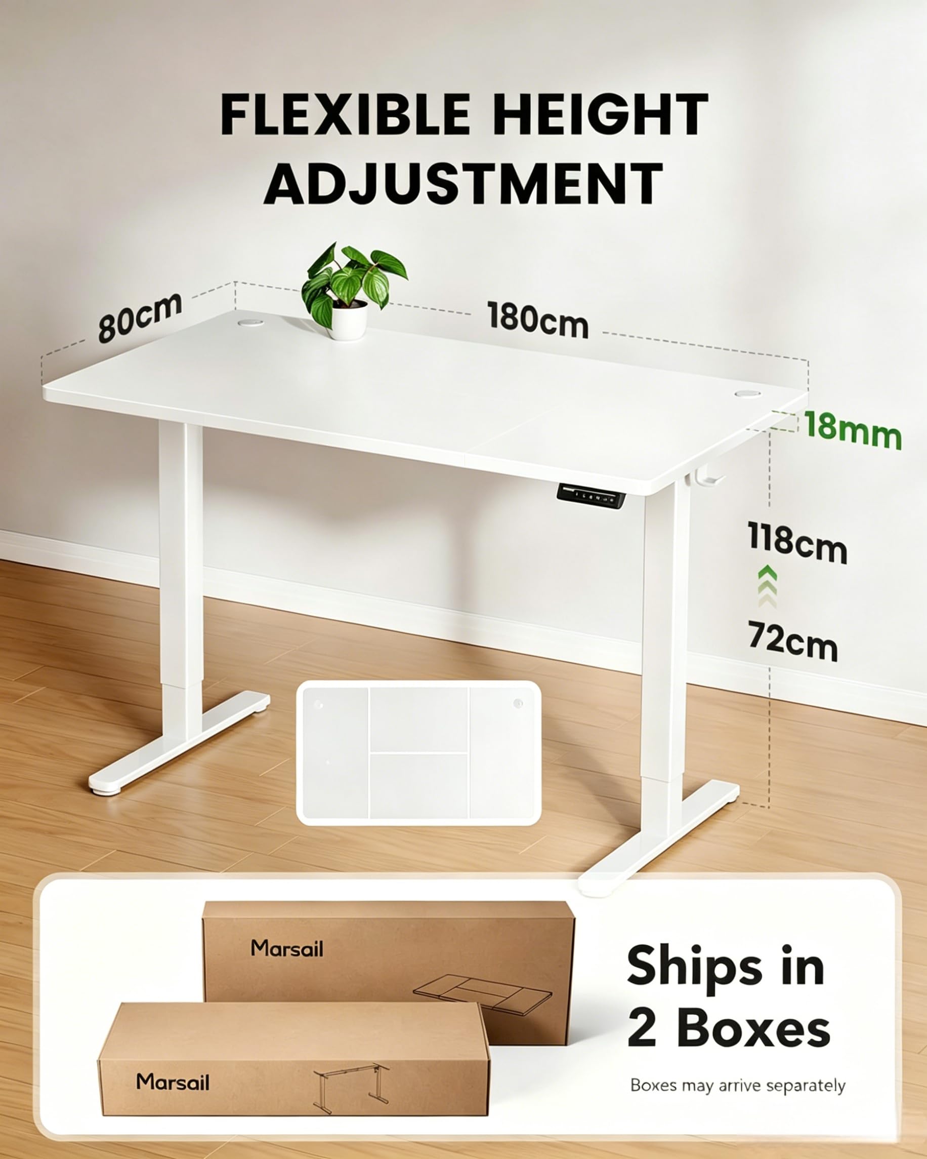 Marsail Escritorio Elevable Eléctrico 180x80,MAX 100 kg, Estructura Metálica Reforzada, Tablero de Cuatro Partes, Motor sin Escobillas, Silencioso, Escritorio Ajustable para Oficina en Casa y Gaming