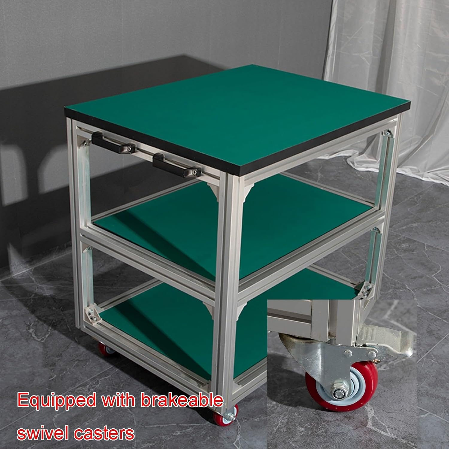 3-Layer Aluminum Alloy Workbench H75cm Open Antistatic Operating Table with Double Handles 4 Preparation Tables with Brake Swivel Casters Multiple Sizes