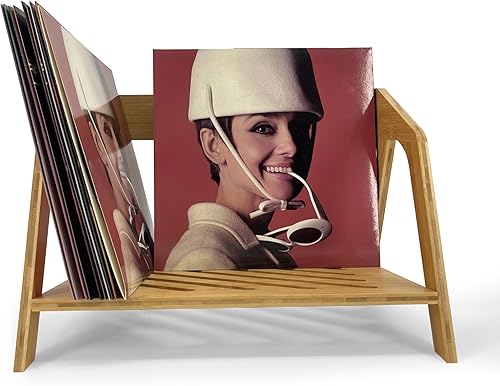 Miniatura 3 de Soporte de almacenamiento de discos de vinilo de bambú, capacidad para hasta 80 discos de 12 pulgadas, diseño original de modelado de sillas para