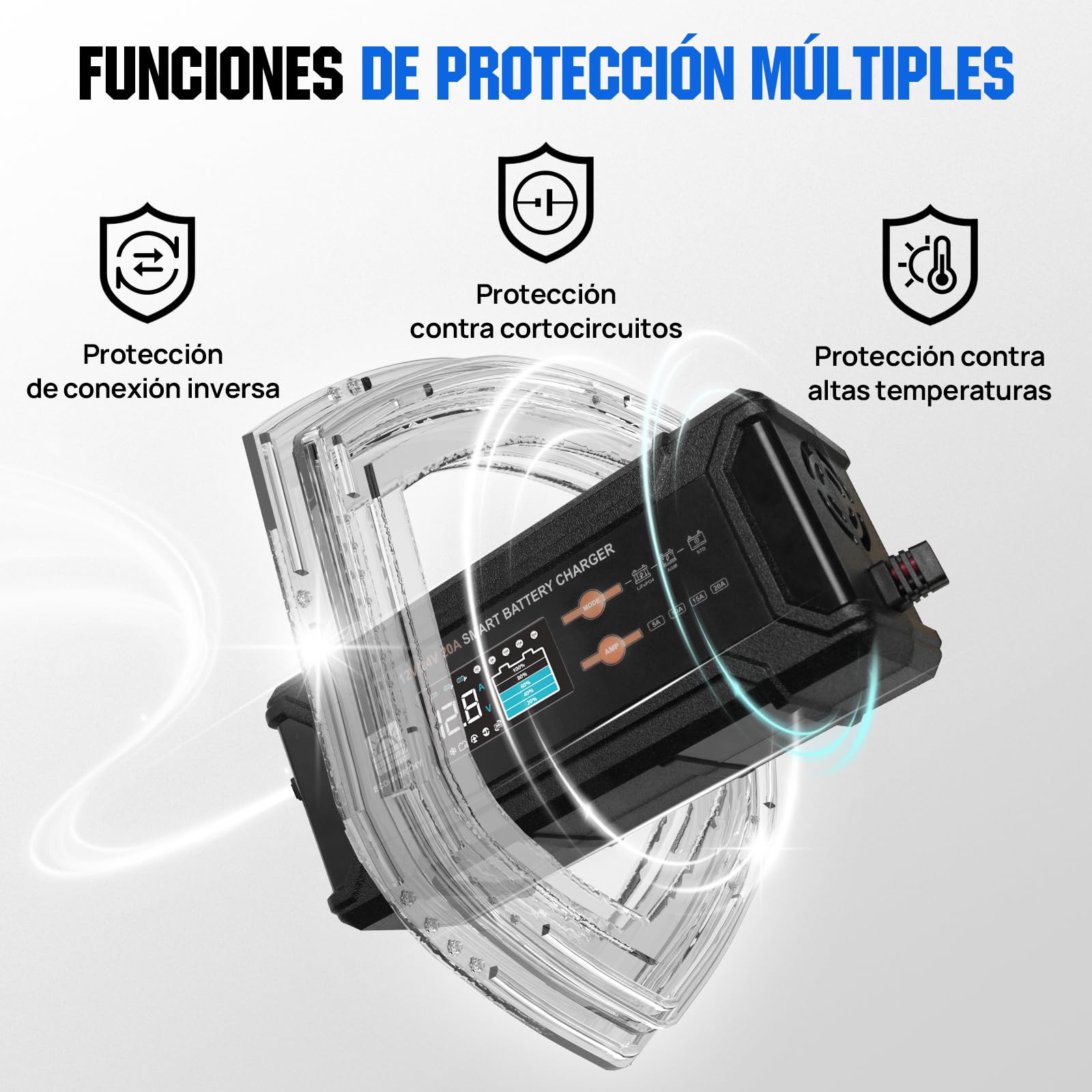 ECO-WORTHY 12 V/24 V 20 A Cargador de batería LiFePO4 con opciones multicanal 5 A/10 A/15 A/20 A, detección automática de voltaje de la batería Ploácido LiFePO4