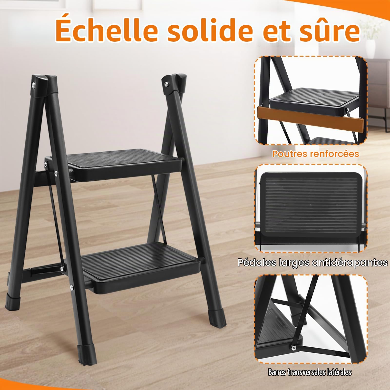 Escabeau 2 Marches, Marche Pied Pliable avec Pédales Élargies et Pieds Antidérapants, Échelle Marchepied Robuste pour Maison, Cuisine, Bureau, Intérieur, Extérieur, Noir