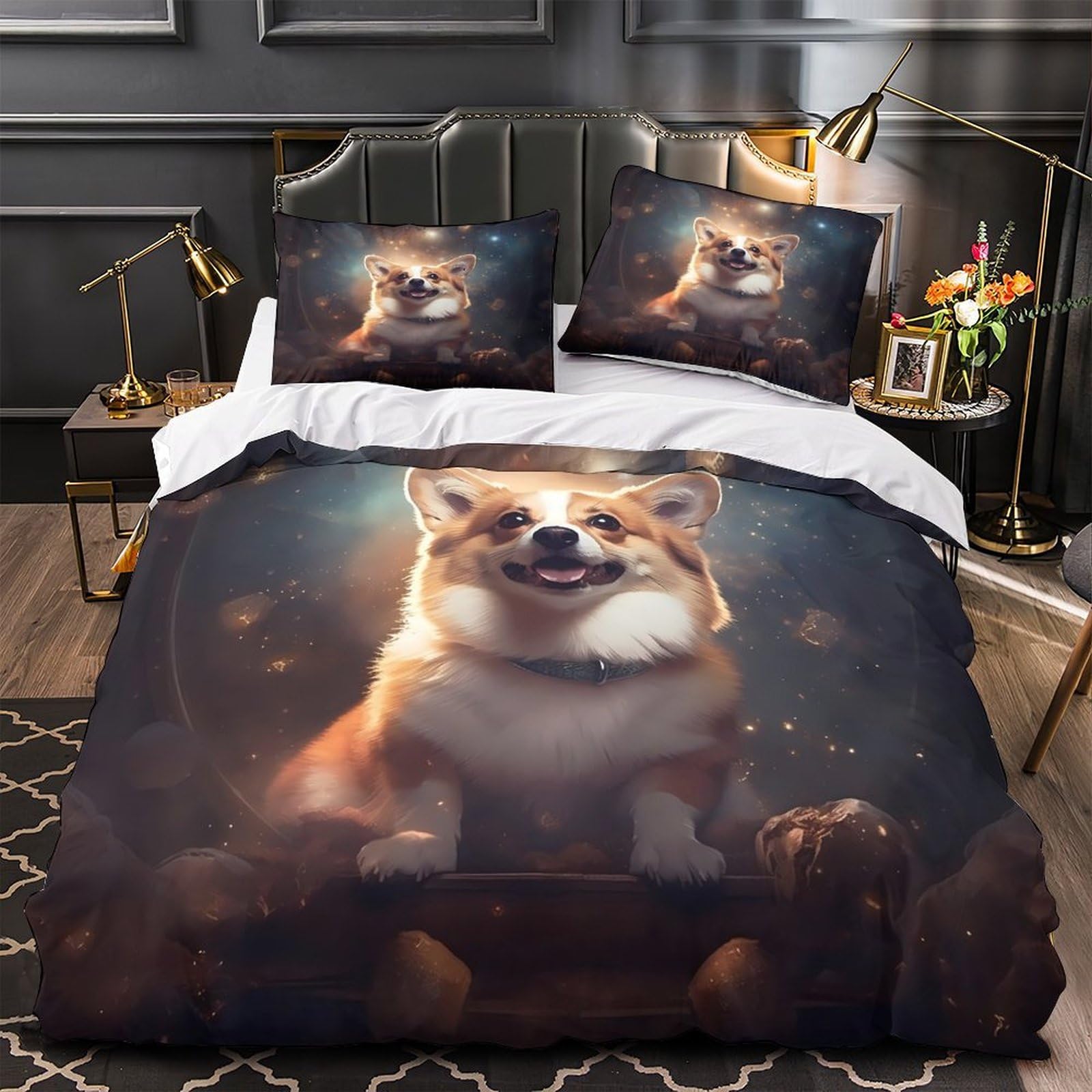 MMDASBVPE Corgi Dog Duvet Cover 3D Print Durable 3 Pcs Bed Linen Hidden Zipper Fantasy Comforter Cover Premium All Season for Kids Adults Women Teens Youth Girls Super king（260x220cm）