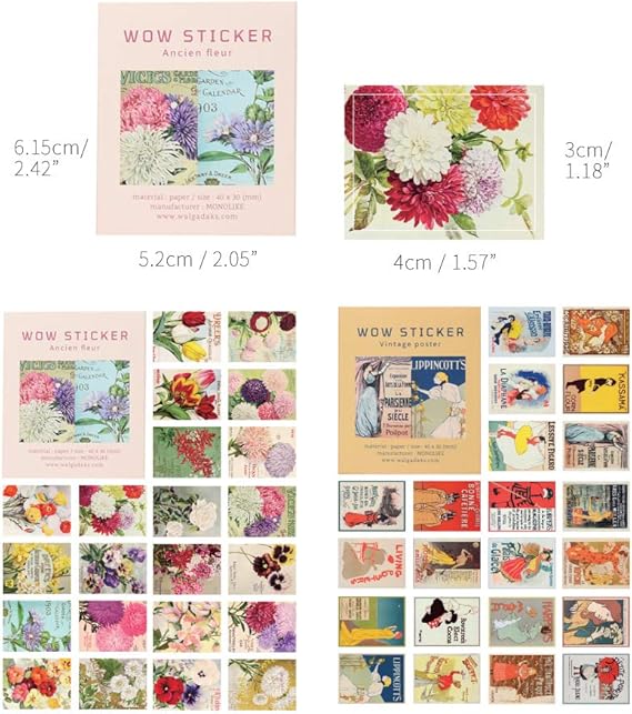 Monolike Wow Sticker Ancien Fleur + Vintage Poster Set - Mini Size Cute Stickers, Square Stickers