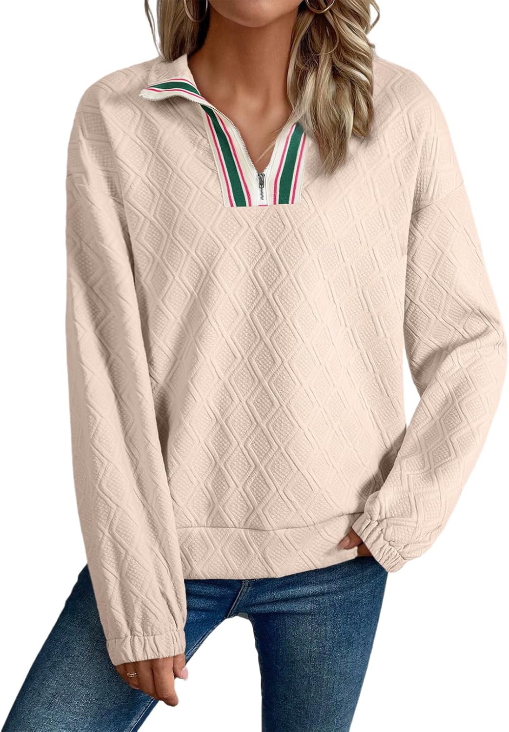SHEWIN Womens Casual Textured Sweatshirt Colorblock Striped Collar Quarter Zip Long Sleeve Pullover Tops