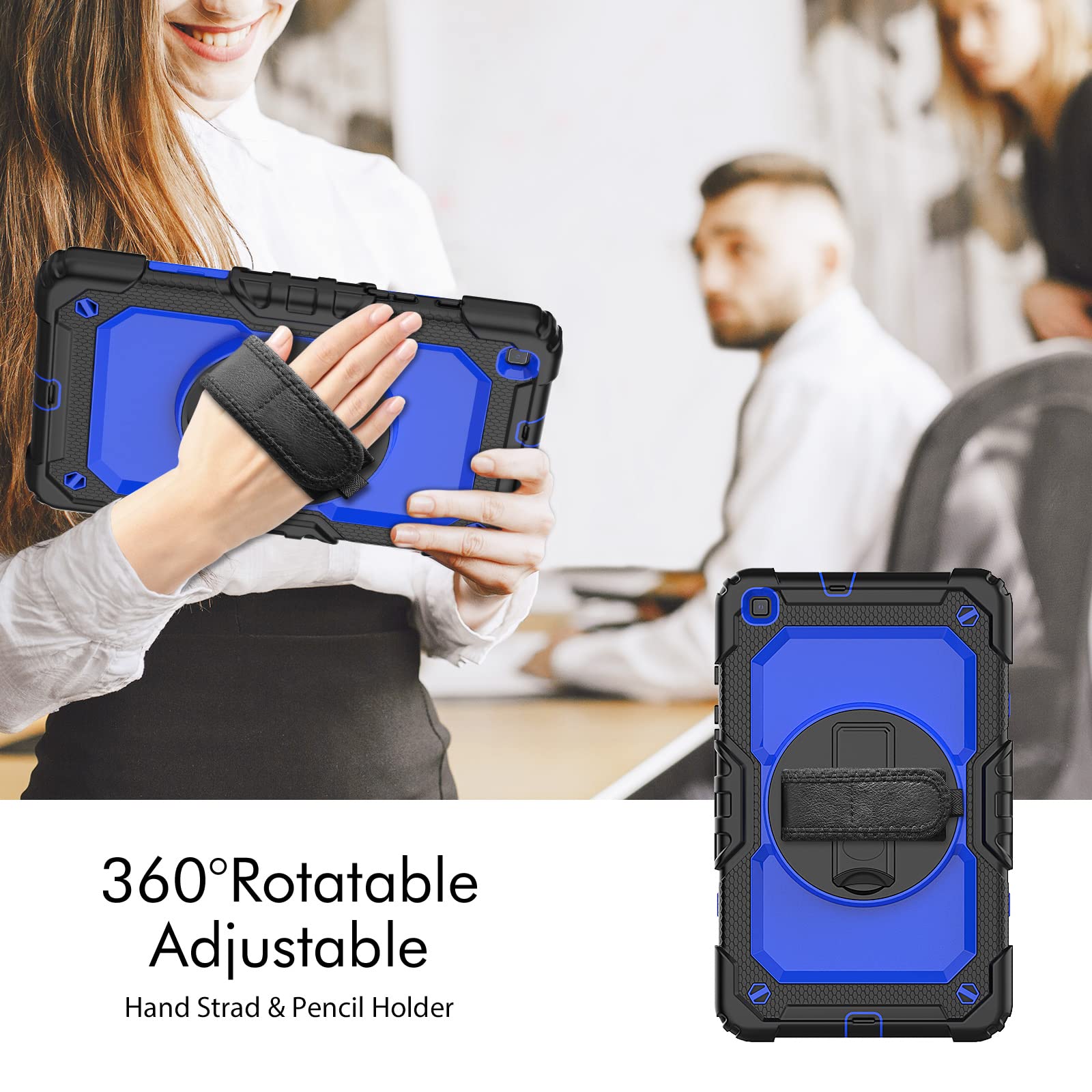Coque Galaxy Tab A7 10,4" (SM-T500 T503 T505 T507), Slim Heavy Duty Antichoc Robuste avec poignée de Support rotative à 360/bandoulière pour Samsung Tab A7 Tablet Case（Black Blue