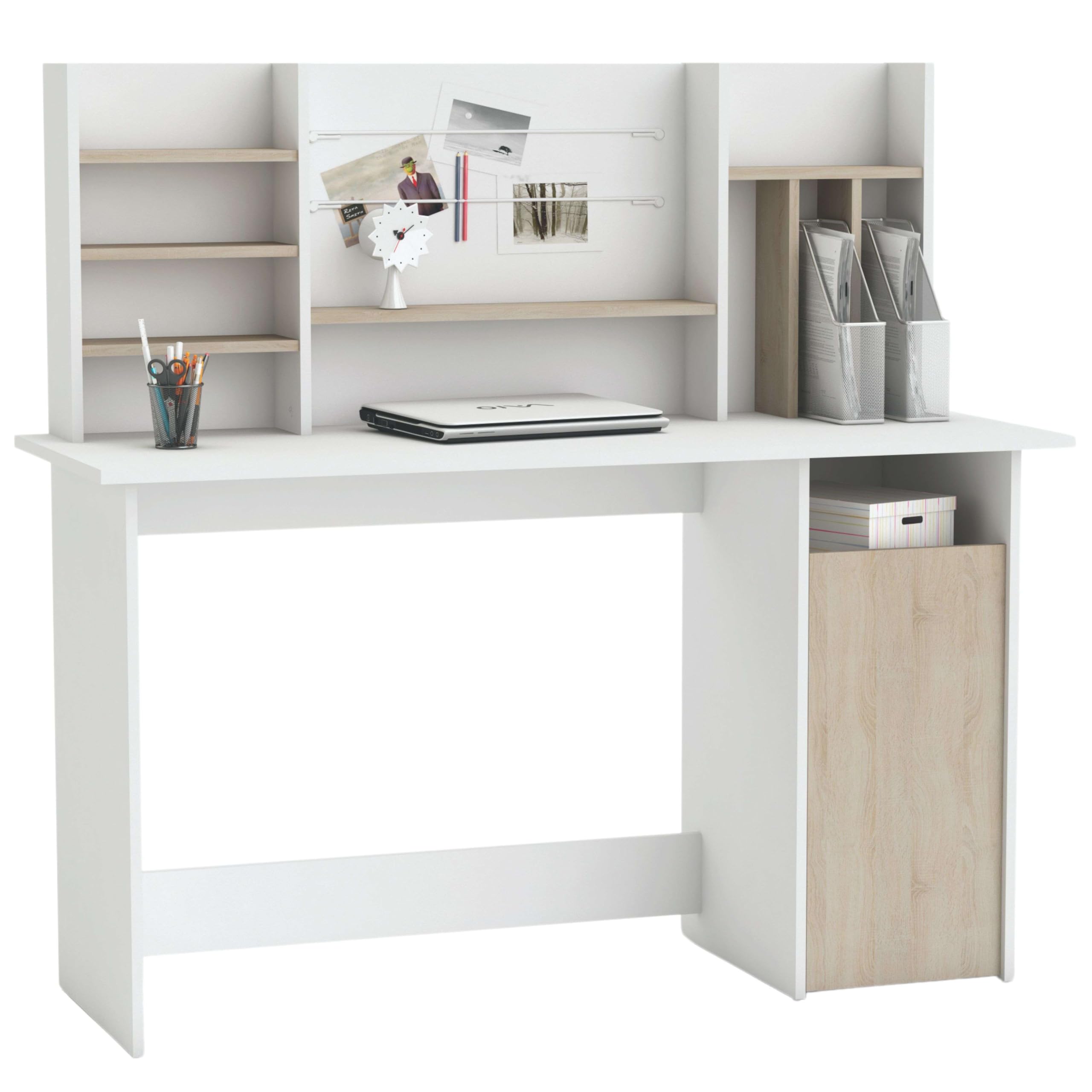 Mesa de Ordenador Escritorio con altillo 135cm. Blanco y Roble. para habitación Juvenil, Estudio, despacho.