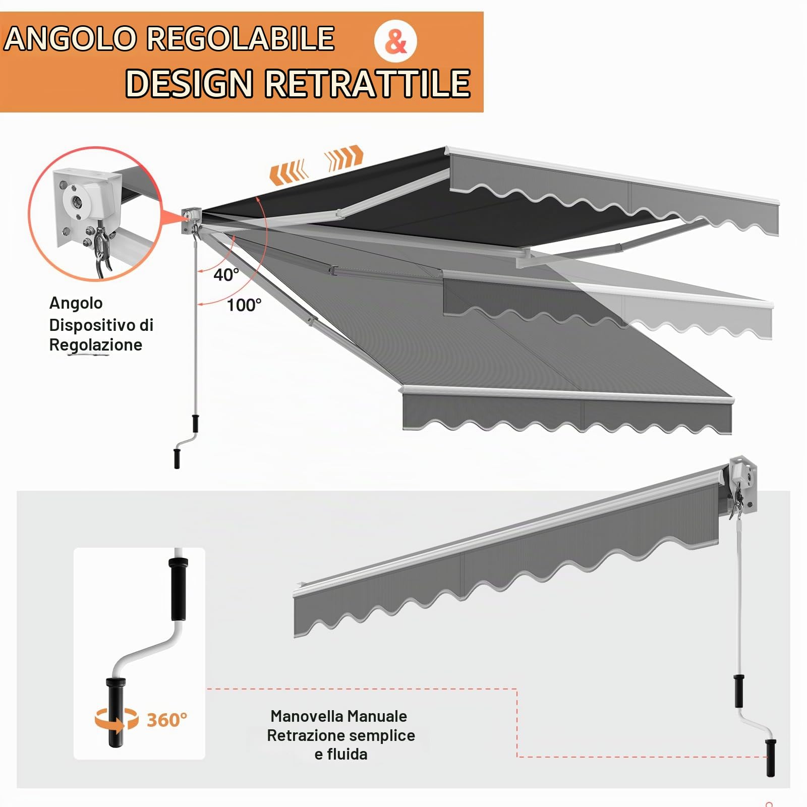 HOMASIS Tenda da Sole a Bracci Estensibili, Tenda Parasole con Protezione UV, Tenda da Balcone con Manovella, Angolo Regolabile da 40-100°, per Giardino e Terrazza (245x200cm, Grigio)
