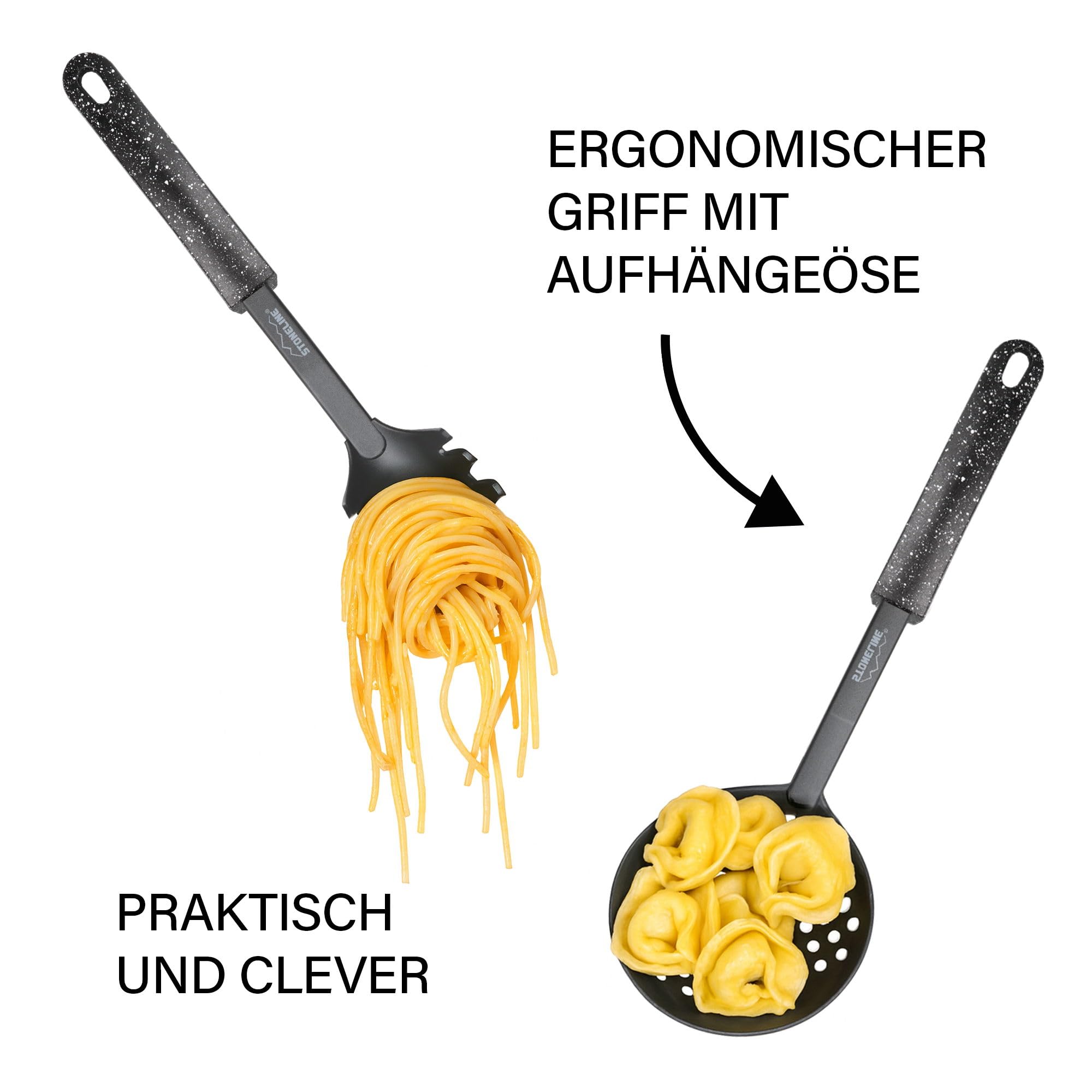STONELINE Juego de 9 Utensilios de Cocina con Soporte Integrado al Mango, de Nylon Resistente al Calor para Ollas Sartenes Antiadherentes Utensilio Cocina Espátula Cucharón Varillas Cuchara Espumadera