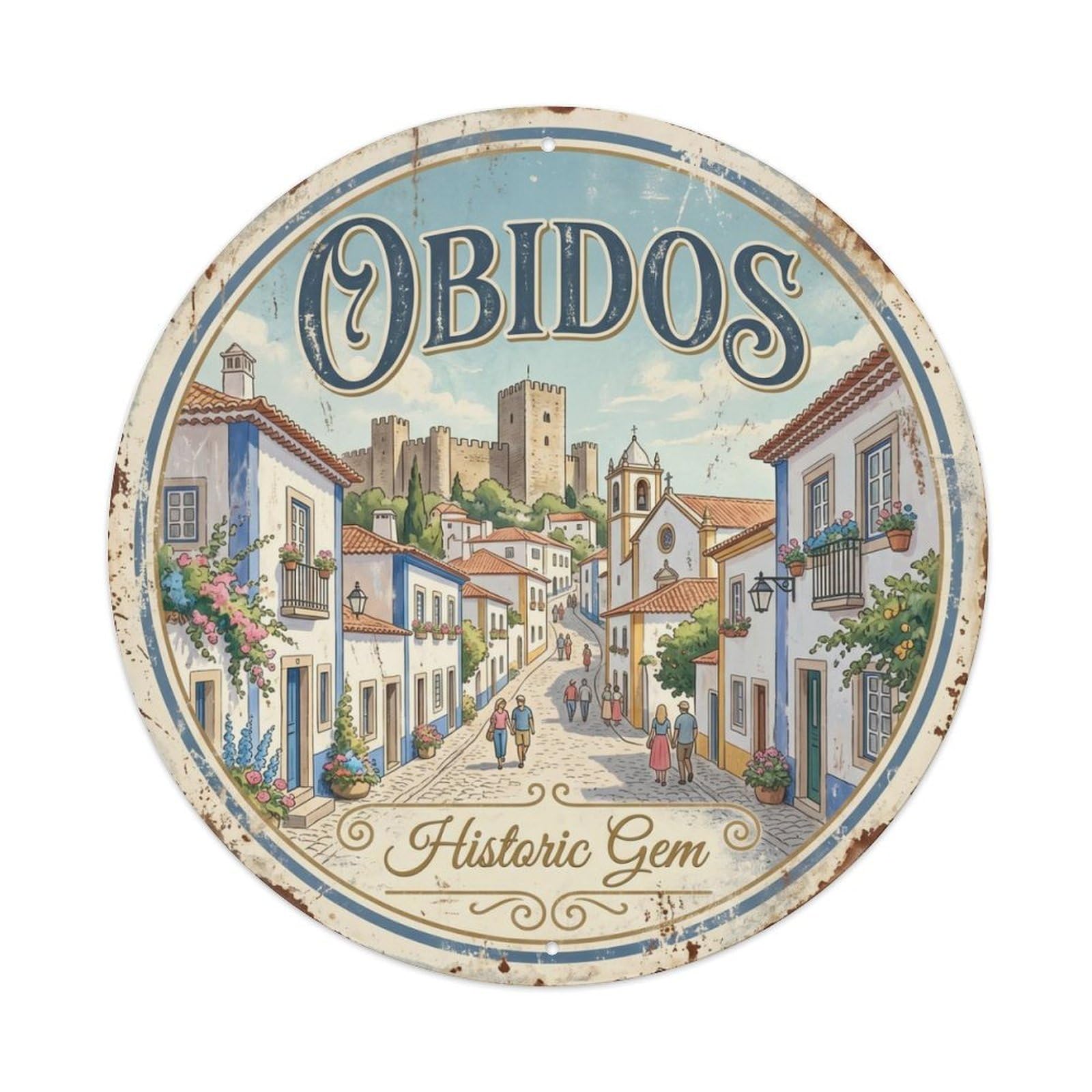 Vintage Travel Cobblestone Portugal Historic Metal Tin Sign Plaque Wall Decor for Cafe, Club, Garden Round Metal Poster 8x8Inch