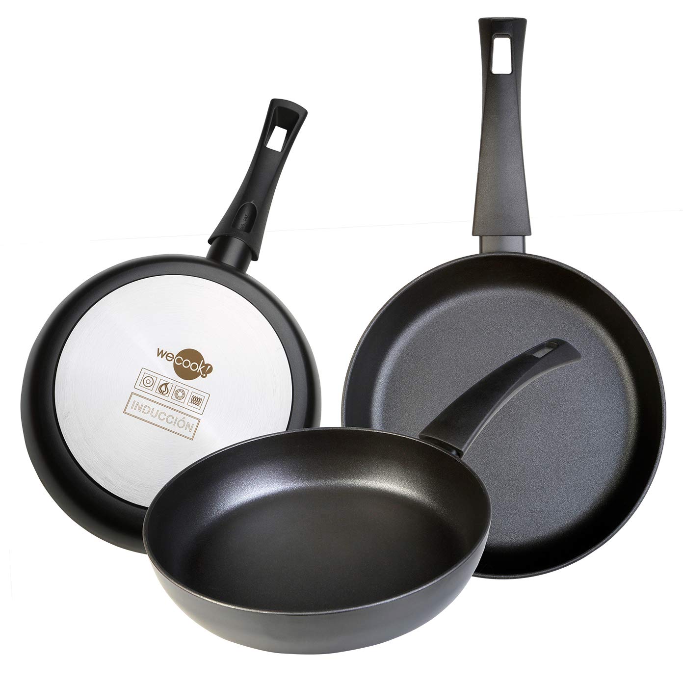 WECOOK! Ecogreen Set Juego 3 Sartenes 18-20-24 cm Aluminio, inducción, Antiadherente ecológico sin PFOA, Limpieza lavavajillas Apta para Todas Las cocinas, vitroceramica, Gas, Negro