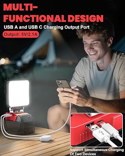 Vista 53 de LIVOWALNY Luz de trabajo LED de 30 W compatible con batería Milwaukee, linterna portátil de 3000 lúmenes, cabezal ajustable de 140° con puerto