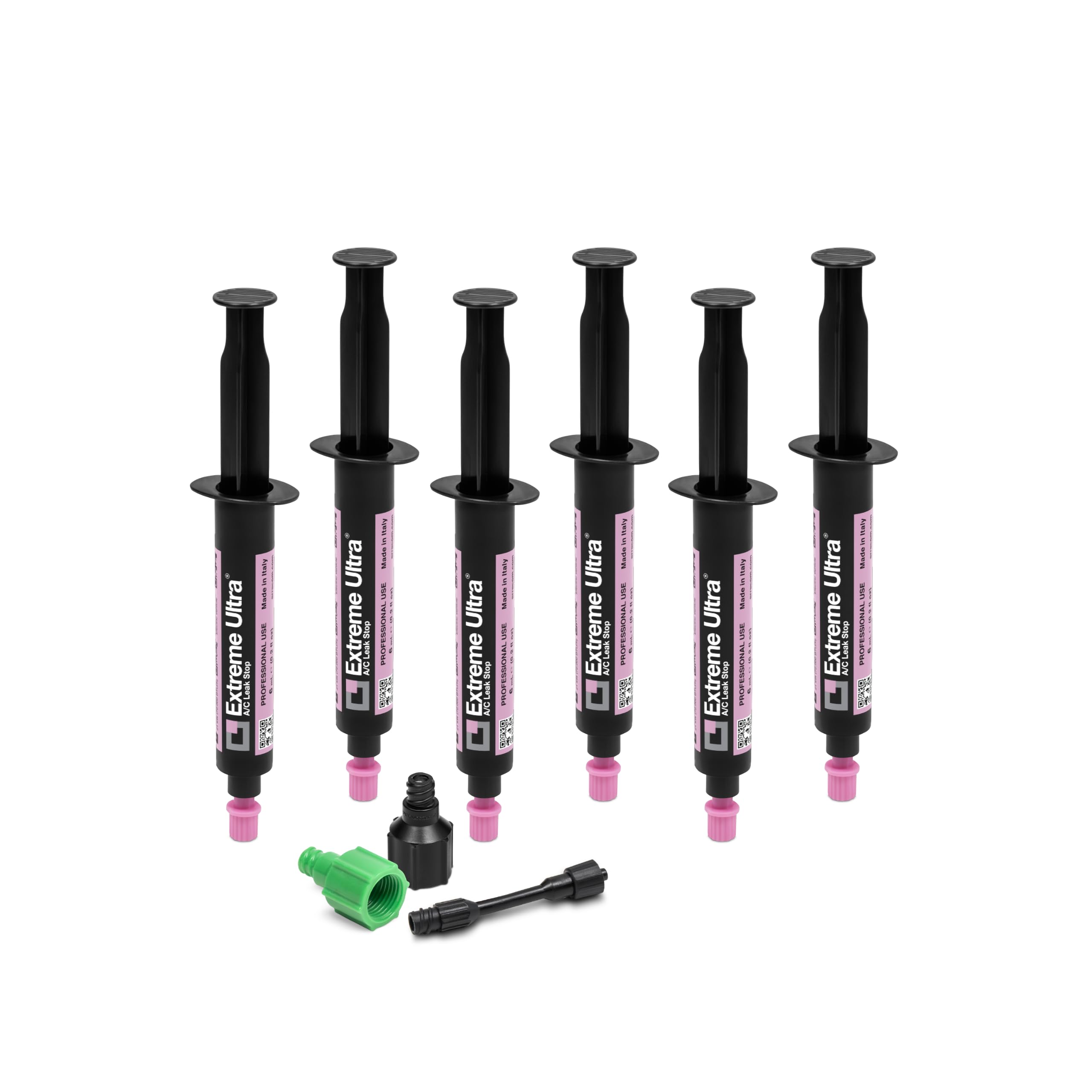 Errecom Extreme Ultra - 6 x 6 ml, Sellador de Fugas para Sistemas de Aire Acondicionado y Refrigeración, incluye les adaptadores 1/4 SAE y 5/16 SAE (R410a, R32)